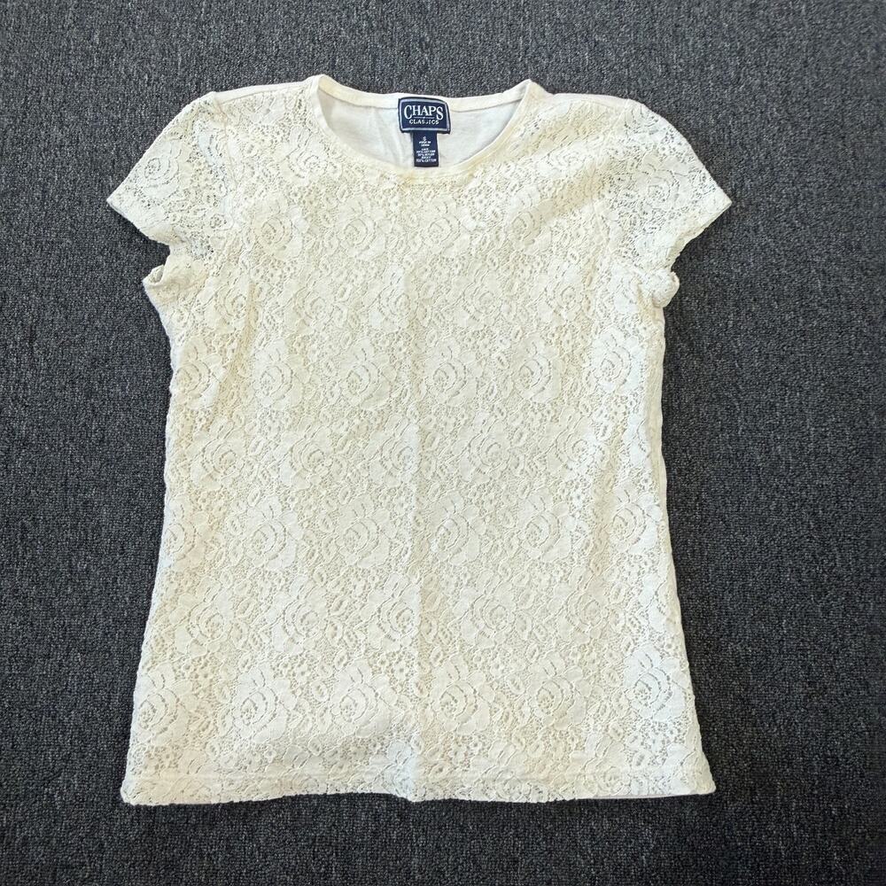 Vintage Y2k Chaps White Lace Polo Ralph Lauren 100% Cotton Short Sleeve Top S